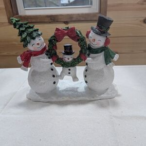 Cracker Barrel Snowman Family Figurine with Green and Red Accents